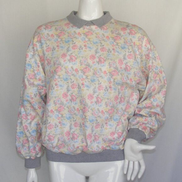 Vintage Granny Sweatshirt, L, multicolor Floral, Gray collar/cuffs, NAF NAF - Picture 13 of 13